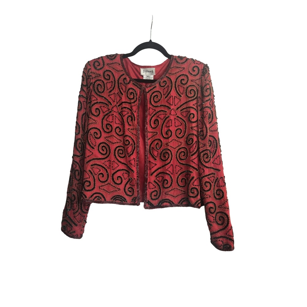 Stenay Vintage Red Beaded Sequin Swirl Evening Jacket XL Bolero Formal Holiday